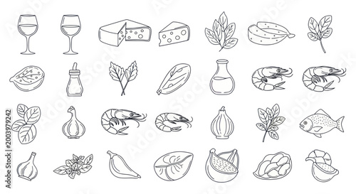 Collection of Hand-Drawn Food and Drink Ingredients Sketch Illustrations.