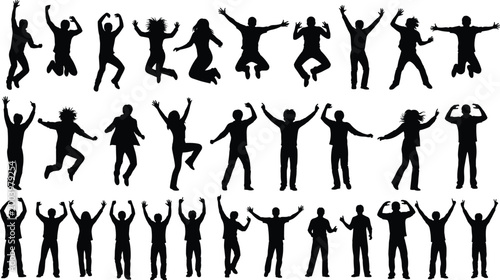 People silhouettes jumping and celebrating collection, joyful movement poses, happiness and success concept, active lifestyle, black illustration isolated design set