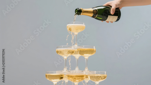 Champagne being poured into a tower of coupe glasses, creating an elegant and festive party atmosphere with golden liquid, making it a visual material image suitable for banquet and celebration scenar