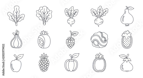 Collection of hand-drawn fruits and vegetables in outline style.