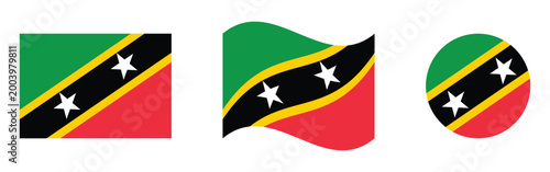 National Flag of Saint Kitts and Nevis Icon Collection Flat, Waving, and Circular Shapes Vector Illustration