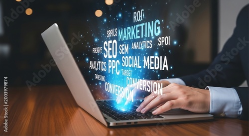 Close up shot of hands typing on a laptop keyboard with a glowing blue digital overlay of marketing and SEO keywords on a wooden desk.