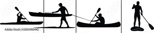 Set of water sport silhouettes including kayaking, canoeing, paddleboarding, and rowing representing outdoor adventure, recreation, and active lifestyle concepts