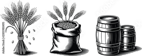Malt in burlap bag, illustration, hand drawn engraving style vector with sheaf of wheat and wood barrels for brewing craft beer and vintage agriculture themes.