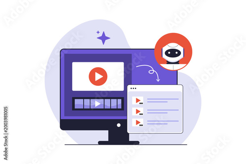 Illustration of AI Clip Maker for Social Media Video Editing. A computer screen showing an AI tool automatically cutting and generating short video clips from long-form content for social platforms