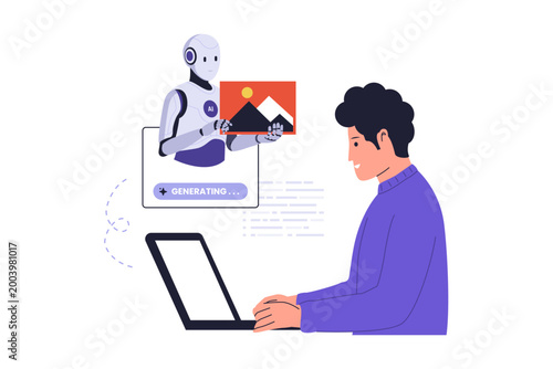 Illustration of AI Image Generator Creating Digital Art and Photo. AI robot generating a landscape image on a computer for a user, illustrating the process of text-to-image technology and digital art