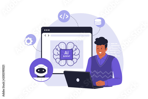 Illustration of Professional Man Collaborating with AI Agent. A man using a laptop while being assisted by an intelligent AI agent, represented by a neural brain and bot icon for task automation