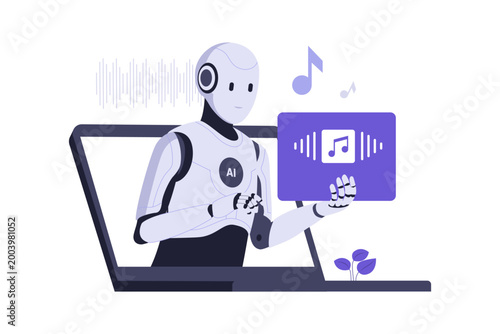 Illustration of AI Music Generator Creating Audio. An AI robot on a laptop screen generating a music track with visible audio waves and musical notes, representing AI-driven audio production