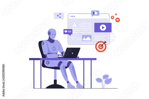 Illustration of AI Robot Automating Social Media Content Creation. An AI robot sitting at a desk and using a laptop to automatically create and publish social media posts, videos, and articles