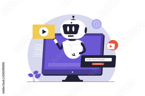 Illustration of AI Video Generator Prompt to Video Technology. A futuristic robot on a computer screen generating a video clip from a text prompt, representing advanced AI video production tools