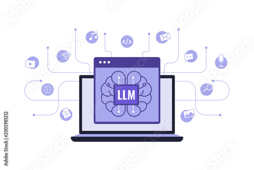 Illustration of Large Language Model LLM Neural Network. A laptop screen displaying a neural network brain labeled LLM, connected to various data nodes representing advanced language processing
