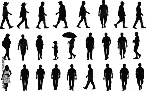 Walking people silhouette collection, men women and child figures in motion, urban lifestyle pedestrians set, isolated black illustration for design use