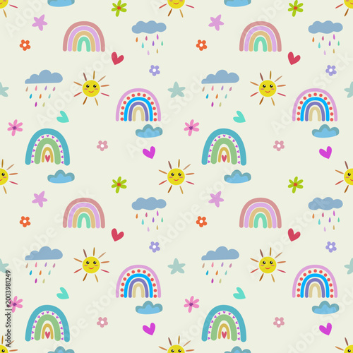 Whimsical seamless pattern with smiling sun, rainbows, clouds, hearts and flowers on soft background. Perfect for kids fabric, nursery and wallpaper.