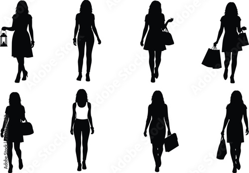 Women silhouettes collection with walking female figures carrying bags and casual outfits isolated on white background lifestyle set