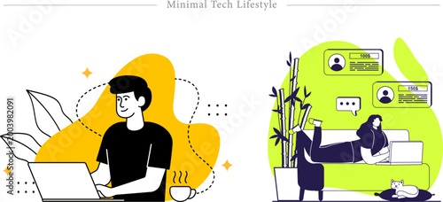 Minimal Tech Lifestyle Flat Vector Remote Work Home Comfort Digital Connection Illustration