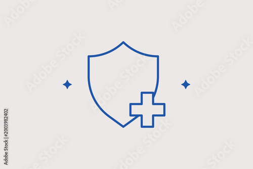 Medical shield with cross line icon for immune system protection and healthcare security. Modern vector illustration for pharmaceutical branding and health insurance service logos.
