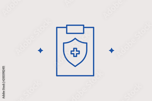 Medical clipboard with shield line icon for health insurance and safety protocols. Professional vector illustration for medical report forms and healthcare compliance websites.