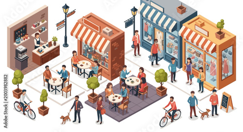 Isometric illustration showcases a vibrant street scene with people walking, cycling, and dining outside various shops and cafes, all rendered in a cartoon style against a clean white