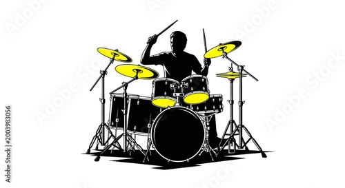 Fotografie Drummer Silhouette Playing Drum Kit, Energetic Music Performance