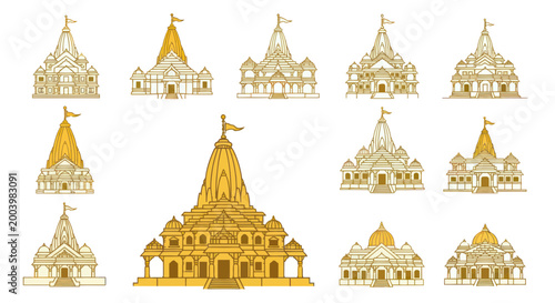 Quadro su tela Collection of Indian Temples Illustrations, Hindu Architecture, Spiritual Buildi