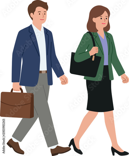 Professional man and woman in business attire walking to work, office commute concept, minimalist flat vector illustration isolated on transparent background