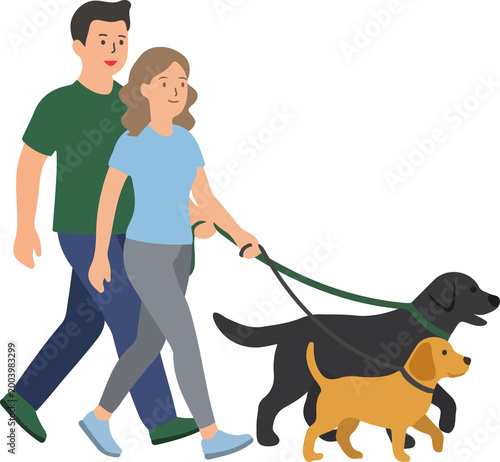 Happy young couple walking two dogs on a leash, lifestyle and pet care concept, minimalist flat vector illustration isolated on transparent background