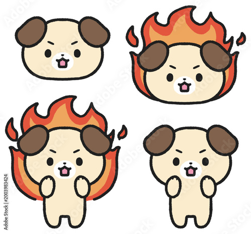 熱い、やる気に燃えている犬のイラストセット