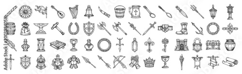Medieval fantasy RPG item icons bundle, set of ancient weapons armor and magic equipment line art for game design