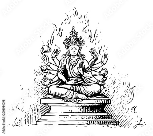 Multi-armed Buddhist deity sitting in meditation, ancient spiritual statue sketch with fire aura, Guan Yin goddess engraving illustration