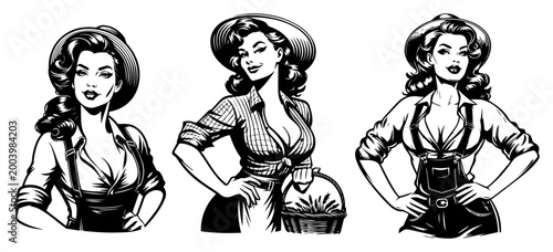 Farmer pin up girls collection in country style, retro woman character wearing dungarees and straw hat for farm and organic market design