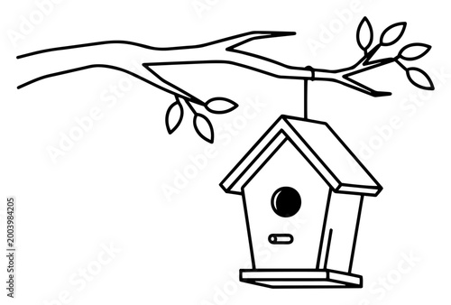 Wooden birdhouse hanging from a tree branch, simple garden landscape line art for coloring book and outdoor nature decoration