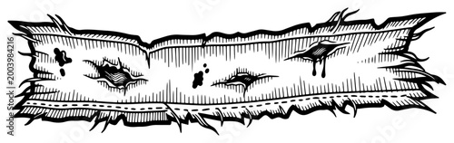 Torn ragged fabric banner with holes and frayed edges, vintage worn cloth strip sketch for survivor or medieval theme design