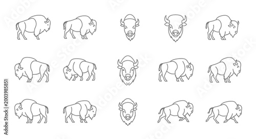 Outlined bison icons vector illustrations of the north american mammal