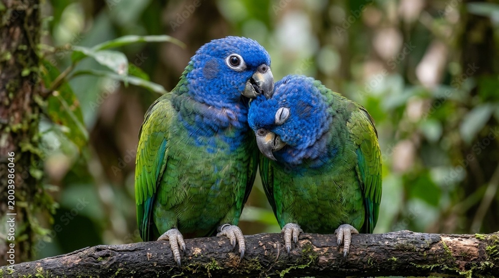 Obraz premium Pionus Blue-Headed Face Portrait Blue Head Green Body Close Two Animals Together Social Interaction Shot Bright Midday Outdoor Sun Saturated Natural Colours