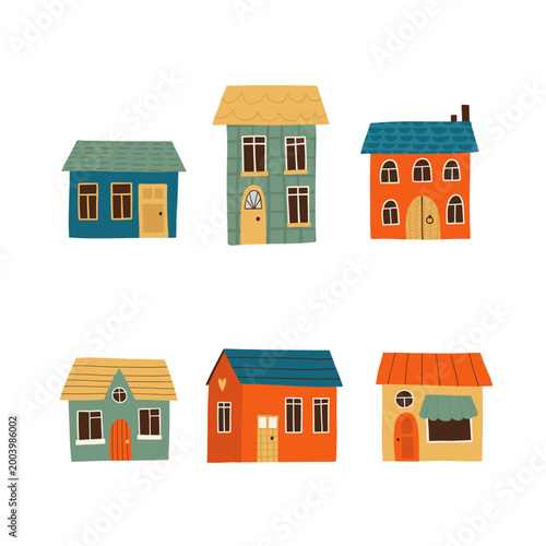 Cute hand drawn colorful houses set in flat Scandinavian style. Simple cozy homes illustration perfect for kids design, nursery decor, prints, posters, fabric, stickers and creative projects.