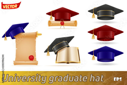 university college and academy graduate hat set icons vector illustration