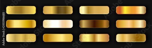 Realistic gold gradient texture pack 12 in 1. Fill and stroke effects. Shiny golden metal foil gradient set. Golden buttons with shadows. Vector illustration