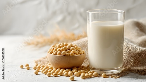 Glass of soy milk with soybeans on white surface.