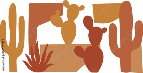 Geometric Desert Plant Silhouettes Flat Cutout Art in Ochre and Terracotta