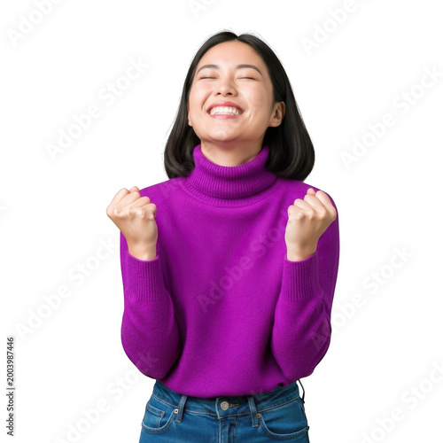 Young woman expressing joy in bright purple sweater isolated on transparent background