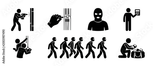 Criminal Activity Icon Set, Burglary and Theft Symbols, Stick Figure Robber Icons for Security Concept Design, Breaking and Entering, Illegal Action Pictograms, Flat Black Vector Illustrations on Whit
