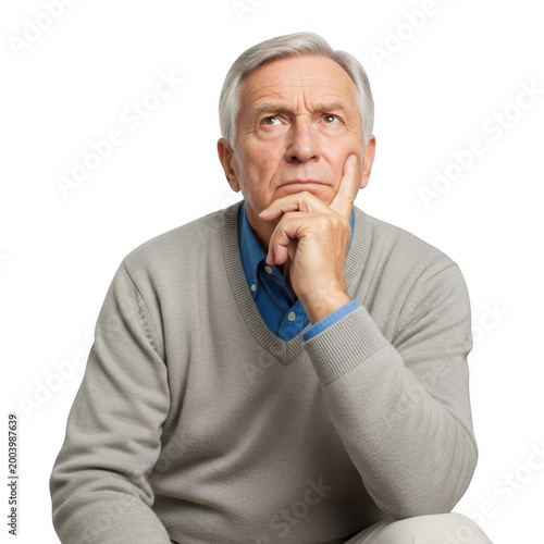 Thoughtful elderly man in contemplation isolated on transparent background