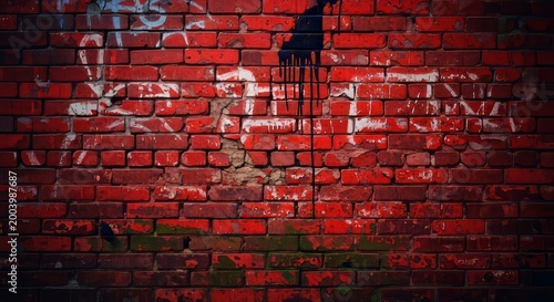 Weathered Brick Wall in Dark Alley with Layers of Red Graffiti and Crumbling Mortar Surface
