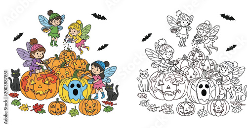 Cute Halloween Fairies with Pumpkins and Cats Coloring Page Vector