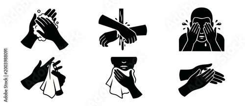 Hygiene and Hand Washing Icons Set, Daily Personal Care Routines, Washing Hands, Face Cleaning, Drying with Towel, Flat Vector Black Silhouettes for Health Safety, Medical Sanitizing and Sanitation