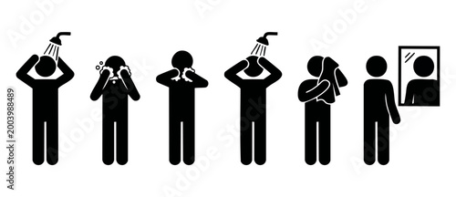 Personal Hygiene Icons Set, Daily Morning Routine Steps, Man Taking Shower and Washing Face, Vector Stick Figures Illustrating Self-Care and Bathroom Habits for Infographics, Signage and Web Design.