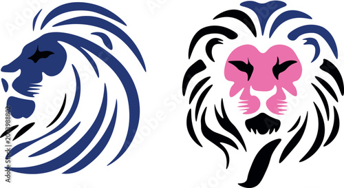 Tableau sur toile Stylized lion head vector set, minimalist lion face profile and frontal view, bl
