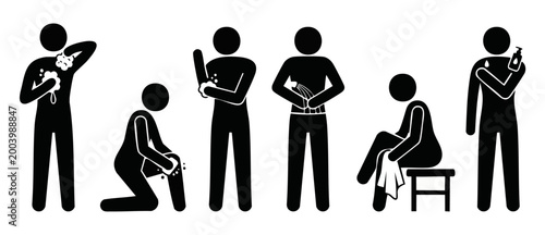 Person Showering Bathing Icons Set, Daily Hygiene Routine Pictograms for Personal Care, Wash Body with Soap Sponge and Towel, Vector Illustration Isolated on White Background for Spa Wellness Concept