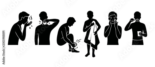 Daily Morning Hygiene Routine Silhouette Icons Set, Man Personal Care Activities, Bathing Washing Face Brushing Teeth and Grooming Symbols for Health and Skincare Concepts isolated on White Background