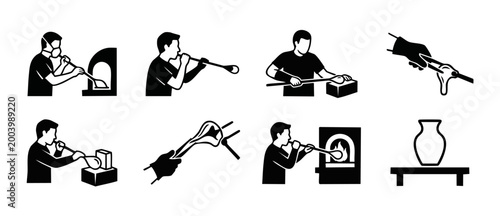 Glass Blowing Process Icons Set, Professional Artisan Crafting Handmade Glassware, Heat Furnace and Tools Vector Silhouette Collection for Workshop, Studio, and Glass Manufacture Manual Labor Design